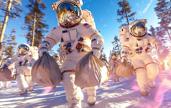 Astronauts carrying bags in snowy forest.