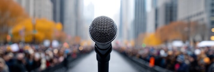 A Microphone and the City's Voice - A single microphone stands poised before a blurred crowd, symbolizing public speaking, communication, demonstration, civic engagement, and urban expression