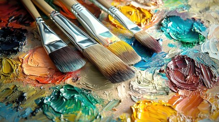 Fototapeta premium Paintbrushes on colorful artist's palette, studio background, art supplies