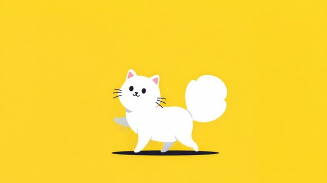 Animated White Cat Walking on Yellow Background Cartoon Style
