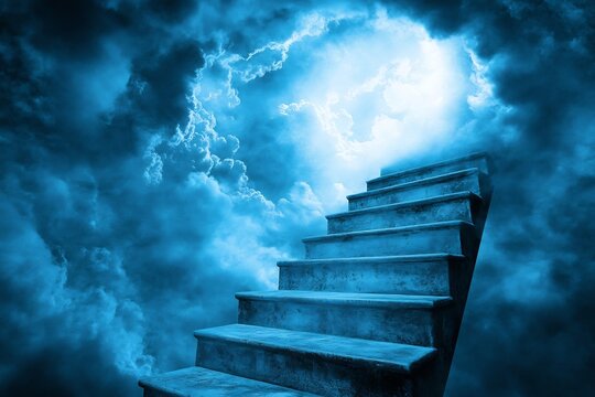 Floating staircase leading into storm clouds symbolizing unattainable dreams hyper realistic fantasy lighting