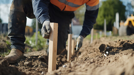 Construction Worker Installing Wooden Posts