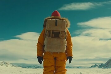 Person stands in a snowy environment with a backpack looking outward