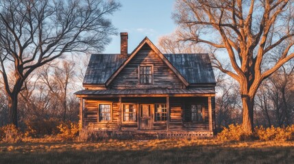 Rustic, weathered wooden house at sunset.  Surrounded by trees in a quiet, autumnal landscape