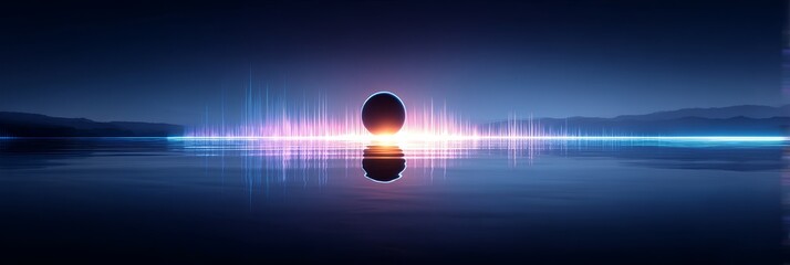 Abstract Sphere Over Calm Water - Futuristic, serene, technological, reflective, and mysterious scene. A dark sphere floats above tranquil water, illuminated by vibrant energy waves