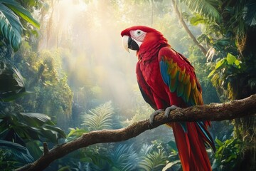 A vibrant scarlet macaw perched on a branch amidst a lush tropical rainforest, illuminated by soft sunlight filtering through the dense foliage, creating a serene and colorful atmosphere