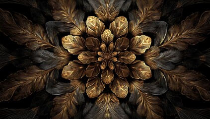 Fototapeta premium A symmetrical fractal pattern of an intricate flower in gold and brown, on a black background.