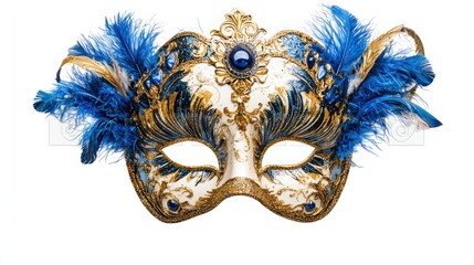 Glittering Venetian carnival mask with a rich blend of gold and blue feathers, isolated on white.