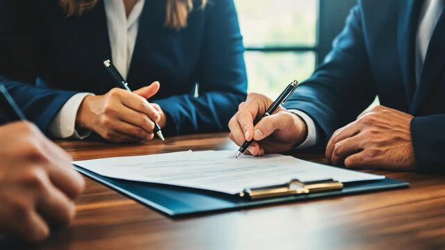 Professional business team signing legal contract, hands writing on document at wooden desk, finalizing corporate partnership or agreement in formal office setting