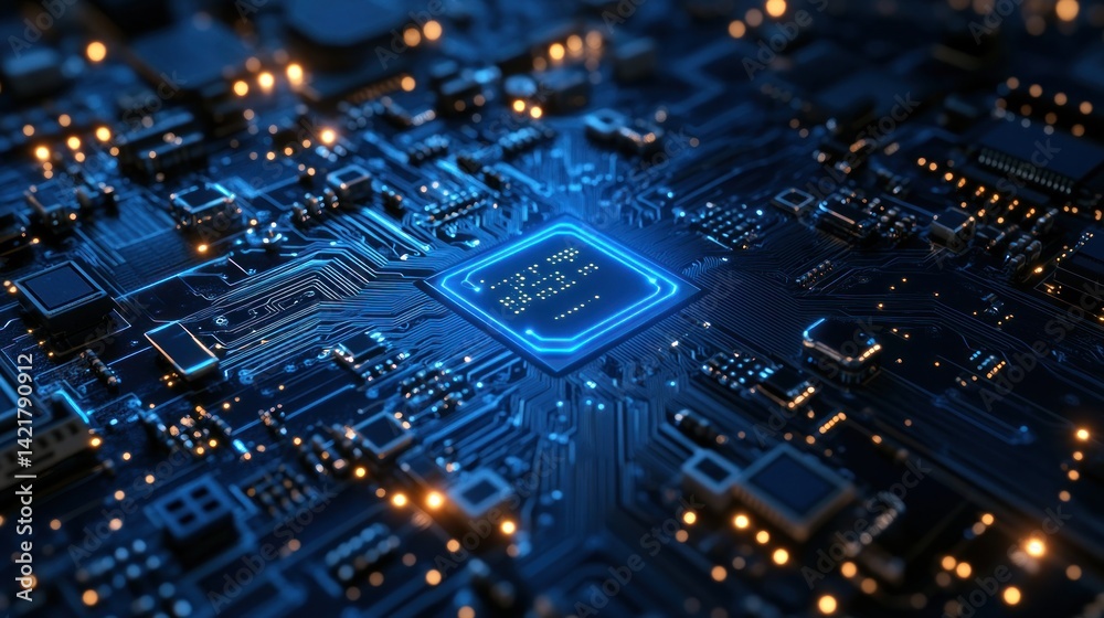 Poster illuminated circuit board: a close-up view of a computer chip's intricate design