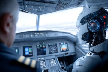 Airplane Cockpit: Human Pilot and Robot Copilot - A human pilot and a robot copilot share the controls in a modern airplane cockpit. Symbolizing: technological advancement, automation, collaboration