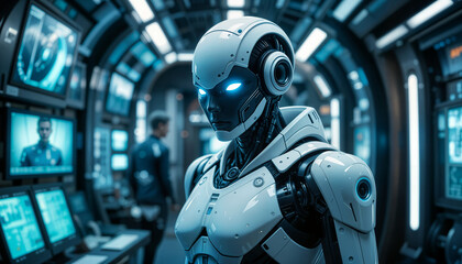 Fototapeta premium Advanced Cybernetic Agent in a Futuristic Control Room