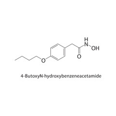4-Butoxy-N-hydroxybenzeneacetamide skeletal structure. Amide compound schematic illustration. Simple diagram, chemical formula.