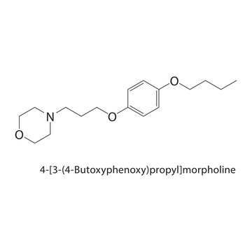 4-[3-(4-Butoxyphenoxy)propyl] morpholine skeletal structure. Ether compound schematic illustration. Simple diagram, chemical formula.