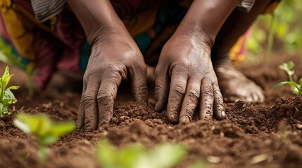 A farmer's hands adjust the soil around a newly planted tree, gently tamping it down to ensure stability.