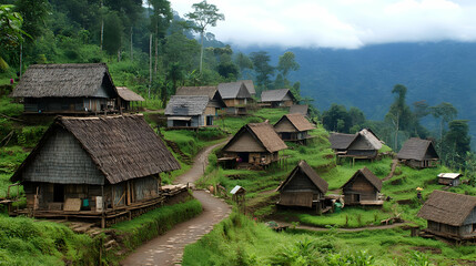 Hillside Village with Thatched Roof Houses in Lush Green Mountains