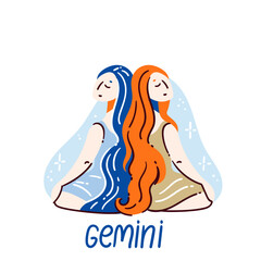 Zodiac sign Gemini, two figures facing opposite directions, symbolizing duality. Horoscope and astrology themes vector illustration