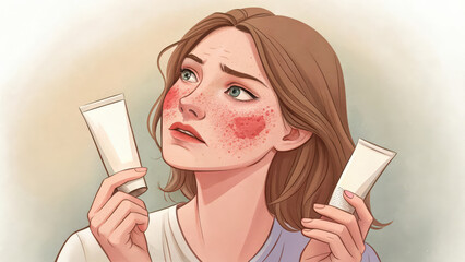 A woman with rosacea on her face holds a tube of ointment in each hand