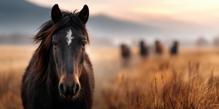 Majestic black horse stands in a golden field at sunset with distant horses grazing in the background