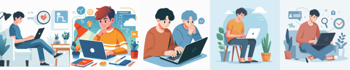 vector of man playing laptop