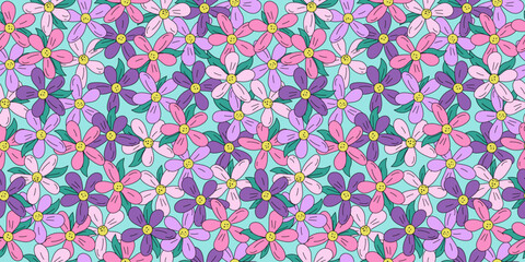 A pattern of colorful flowers. Line drawing, doodle. Simple meadow flower. Vector seamless background.