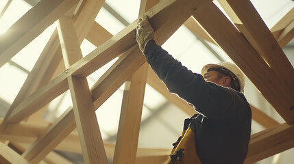 Construction Worker Installing Wooden Beams