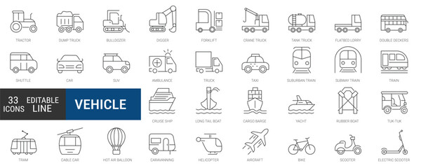 Transport, vehicle and delivery icons set - editable thin line web icon collection. Simple outline vector elements.