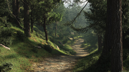 Fototapeta premium Forest path scenery, nature landscape, green trees, hiking trail, outdoor adventure, woodland scene, peaceful 100