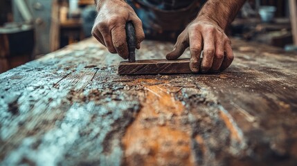 Craftsman carving wood in workshop, rustic background, restoration project