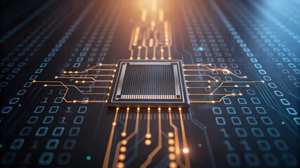 Futuristic microchip design with glowing circuitry and binary code backdrop. - Powered by Adobe