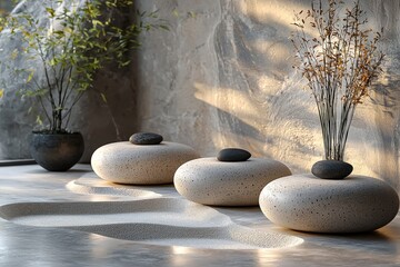  3D render of a podium with Zen sand background for product display, featuring a beige and gray color palette, simple shapes, and minimalistic design.