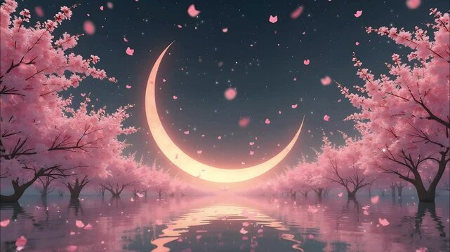 ピンクの桜と三日月の風景