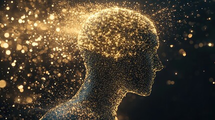 Obraz premium Abstract gold brain profile, creative digital art, particles, background, possible use in tech or design