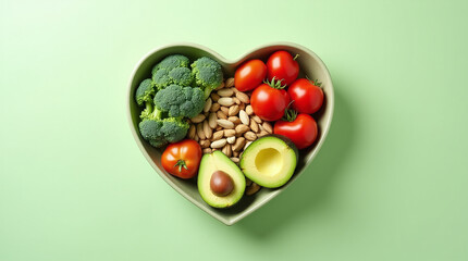 A vibrant photo showcasing a heartshaped bowl filled with nutritious diet foods, including fresh fruits, vegetables, and whole grains, promoting heart health and cardiovascular wellness
