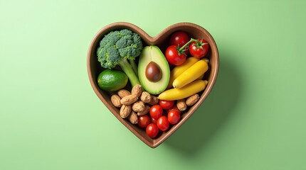 A vibrant photo showcasing a heartshaped bowl filled with nutritious diet foods, including fresh fruits, vegetables, and whole grains, promoting heart health and cardiovascular wellness

