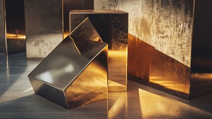 Elegant still life composition featuring golden geometric shapes and dynamic light play