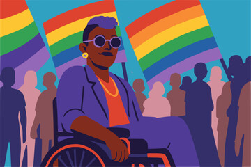 Black queer disabled, afrlcan in rainbowcolours in wheelchair at gay pride, stop or prohibit discrimination against someone because of a disability or sexual orientation