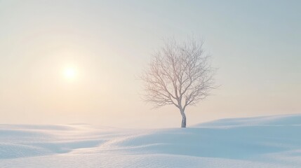 Solitary winter tree on a snow-covered plain. Soft pastel colors, peaceful winter scene