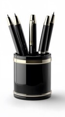 Obraz premium Elegant black and gold ballpoint pens in a stylish matching pen holder with a sleek design and shiny finish, perfect for professional or office use