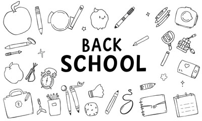 collection of school related doodles including pencils, notebooks, and apple, symbolizing excitement of back to school season