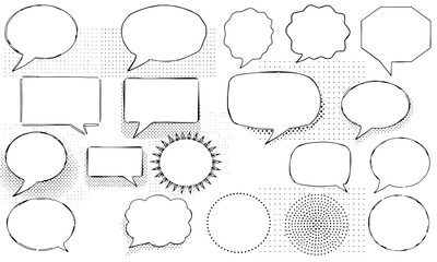 collection of various speech bubbles in different shapes and sizes, including round, rectangular, and star shaped designs, perfect for comic or graphic design projects
