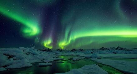 Naklejka premium Aurora borealis over a frozen landscape with ice and snow at night.