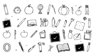 collection of school supplies and educational items including apples, pens, globe, and notebooks, evoking sense of creativity and learning