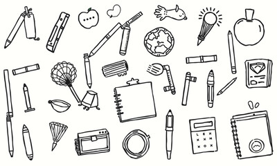 collection of school supplies and stationery items including pens, pencils, notebooks, and globes, evoking sense of creativity and learning