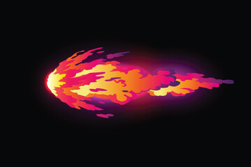 Speed effect cartoon vfx. Comic line blaster shot. Energy fire flame light. Neon color, asteroid flying rock. Flash lightning motion. Fantasy vector element