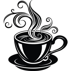 Elegant Black and White Coffee Cup Illustration with Swirling Steam on Saucer