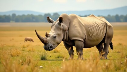 Fototapeta premium Majestic white rhino, symbol of African savanna's threatened fauna , grazing, Africa, clipping path