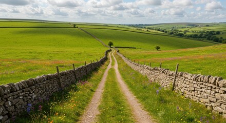 Dirt road stretches through green fields bordered by stone walls under a cloudy sky.