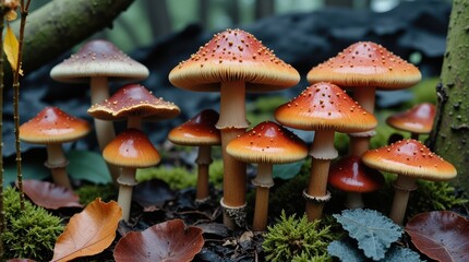 A Vibrant Collection of Red-Orange Mushrooms Growing Amongst Lush Greenery in a Mystical Forest Setting