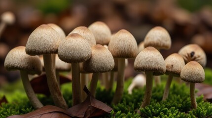 A Captivating Close-up of Delicate Mushroom Clusters Nestled Among Lush Green Moss and Autumn Leaves